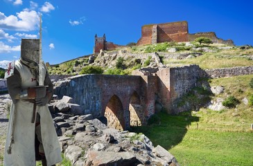 Poster - Medieval knight and ruins of Hammershus castle - the biggest Northern Europe castle ruins situated at steep granite cliff on the Baltic Sea coast, Bornholm, Denmark