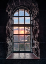 Cosy View Looking Through An Old Window With Sunset At Autumn Morning In National Park, Finland
