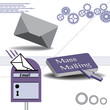 Colorful background with grey envelope, mailbox and a button with the text mass mailing. Mass mailing concept
