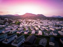 Sun Set At A Caravan And Camping Park, Static Home Aerial View. Porthmadog Holiday Park Taken From The Air By A Drone