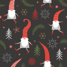 Christmas Seamless Pattern, Seasons Greetings , Cute Christmas Gnomes In Red Hats