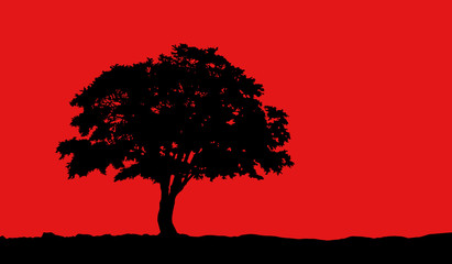tree at hill silhouette vector illustration on red background