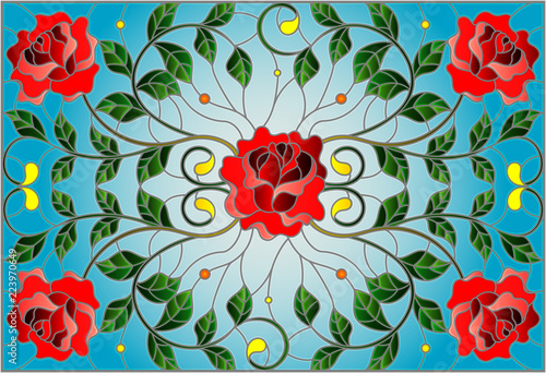 ilustracja-w-witrazu-styl-z-czerwieni-roza-rozgalezia-sie-na-blekitnym-tle