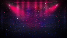Empty Brick Wall Background, Night View, Neon Light, Rays. Celebratory Background.