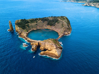 Poster - Top view of Islet of Vila Franca do Campo is formed by the crater of an old underwater volcano near San Miguel island, Azores archipelago, Portugal.