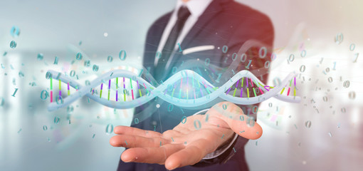 Canvas Print - Businessman holding a 3d rendering data coded Dna with binary file around