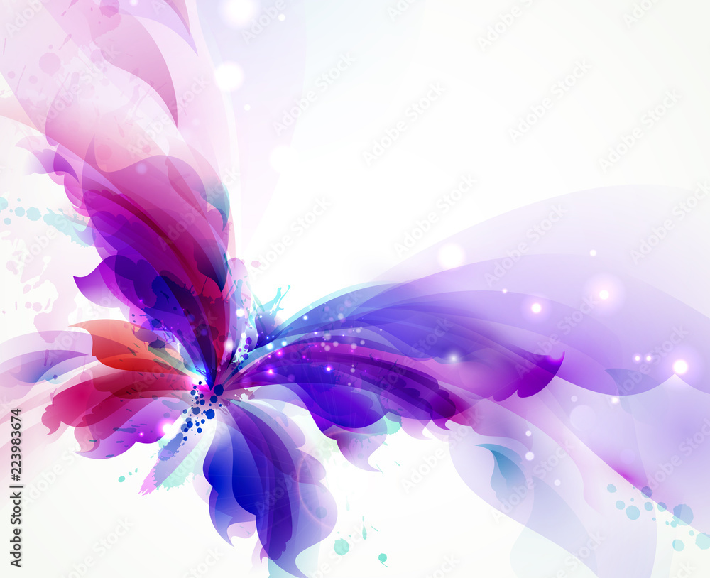 Abstract flying butterfly with blue, purple and cyan blots - obrazy, fototapety, plakaty 