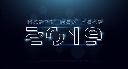 Wall Mural - Happy New Year 2019 Technology neon line stroke font and alphabet with bokeh on abstract background. Font digital space concept. vector illustration