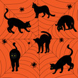 Cats in different poses, spider web on orange background. Halloween