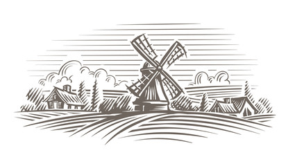 Windmill in a rural landscape illustration. Vector, layered. 