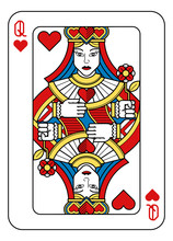 A Playing Card Queen Of Hearts In Yellow, Red, Blue And Black From A New Modern Original Complete Full Deck Design. Standard Poker Size.