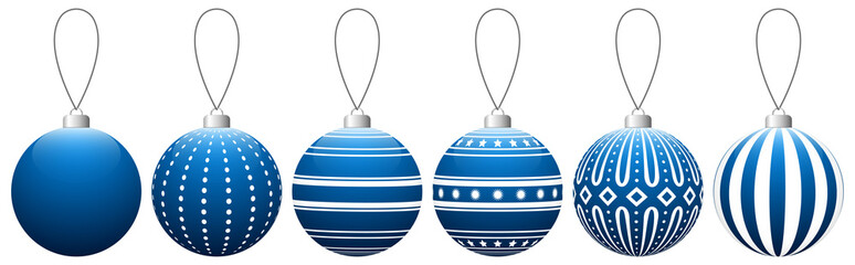 Collection of blue glass Christmas balls with pattern hanging on a thread. Vector EPS 10