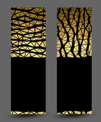 set of banners with gold texture vertical and horizontal abstract decoration on the black background.