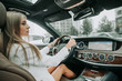 © Yakobchuk Olena - Side view of concentrated lady situating on seat of driver in cabin of contemporary automobile at street
