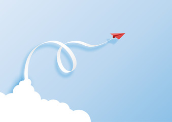 Wall Mural - paper art style of business leadership concept with red paper airplane flying from cloud on blue sky