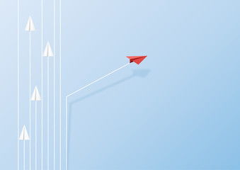 paper airplanes flying on blue sky and cloud.paper art style of business teamwork and one different 