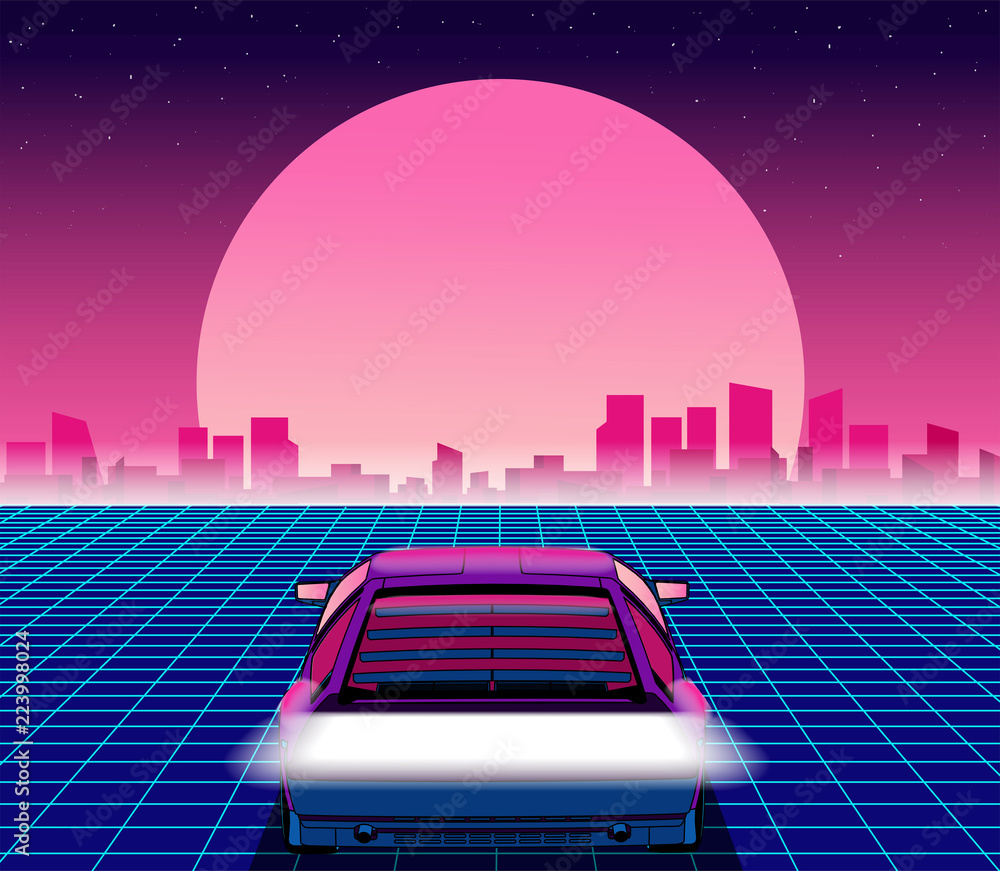 Retro future. 80s style sci-fi background with supercar. Futuristic retro car. Vector retro futuristic synth illustration in 1980s posters style. Suitable for any print design in 80s style - obrazy, fototapety, plakaty 