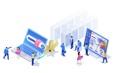 Wall Mural - landing pages website template in the modern 3d isometric style. choosing and buying a domain, hosti