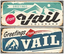 Vail Colorado Retro Souvenir From Winter Holiday Destination. Vintage Greeting Card Template From Vail USA. Vector Illustration.