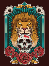 Lion Illustration With Skull And Heraldic Frame Background