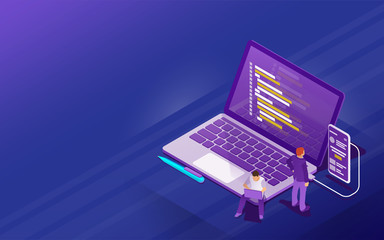 Wall Mural - startup concept with flat 3d isometric style. development of software and mobile app. program code o