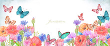 Invitation Banner With Lovely Summer Flowers. Watercolor Painting