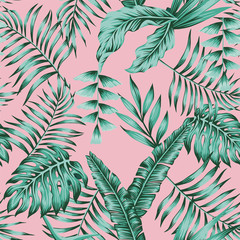 Wall Mural - Tropical plants green colors seamless pink background