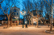 Beautiful Night Cityscape, Tree Illumination, Lights And Benches, Central Square Saint-Tropez, Provence, France
