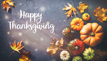 Thanksgiving Background With Various Pumpkins, Gourds And Falling Leaves