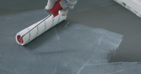 Wall Mural - closeup applying protective coating on the concrete floor