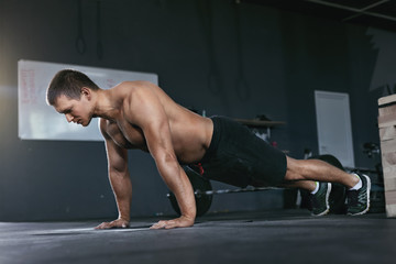 Workout. Sports Man Doing Push Ups From Floor At Sport Club