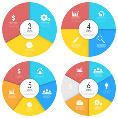 Set of round infographic diagram. Circles of 3, 4, 5, 6 elements or steps. Vector EPS10