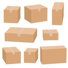 Set of cardboard boxes isolated on white background. Vector carton packaging box images.