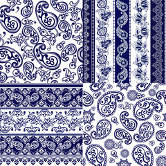 Set of Lace Bohemian Seamless Borders. Indigo dye printed traditional paisley pattern. Decorative ornament backdrop for fabric, textile, wrapping paper.
