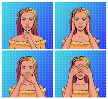 Woman Character Face Emotions See No Evil, Hear No Evil, Speak No Evil. Vector Retro Style Flat Graphic Design Isolated Illustration Set