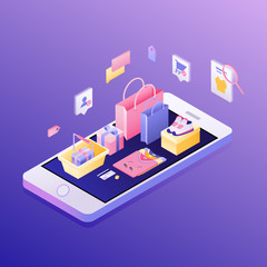 Concept of e-commerce sales, online shopping. Isometric vector illustration