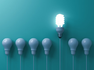 Wall Mural - One eco energy saving light bulb glowing and standing out from unlit incandescent white bulbs on green pastel color wall background  leadership and different creative idea concepts 3D rendering