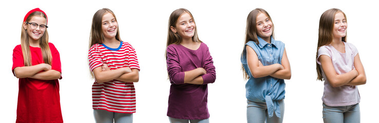 collage of young beautiful little girl kid over isolated background happy face smiling with crossed 