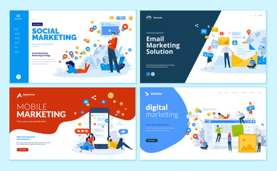 Set of web page design templates for digital marketing, mobile solutions, networking and email marketing. Modern vector illustration concepts for website and mobile website development. 