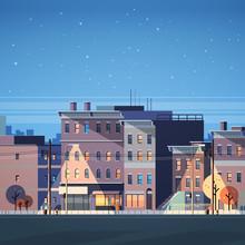City Building Houses Night View Skyline Background Real Estate Cute Town Concept Flat Vector Illustration