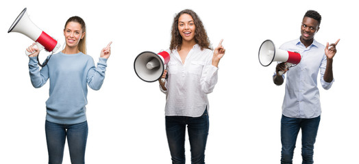 Wall Mural - Collage of young people yelling through megaphone over isolated background very happy pointing with hand and finger to the side