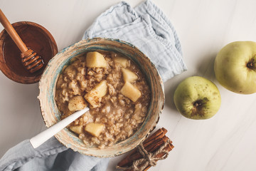 Wall Mural - Apple oatmeal with cinnamon and honey. White background, top view.