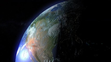 Wall Mural - a slow zoom into earth's orbit. day/night terminator passes over the united states in the northern h