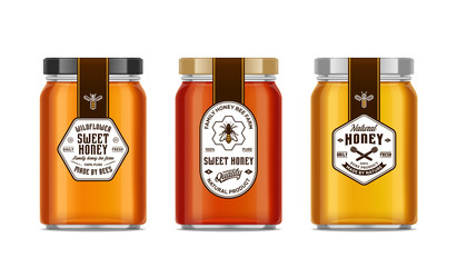 Wall Mural - Honey glass jar mockups with labels and bees