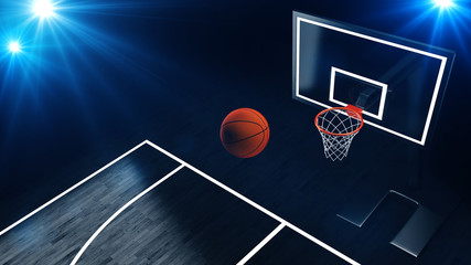 Wall Mural - 3D illustration of Basketball hoop in a professional basketball arena.