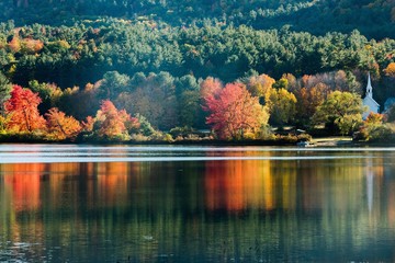 Wall Mural - White church and fall color in New England