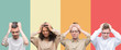 © Krakenimages.com - Collage of a group of people isolated over colorful background suffering from headache desperate and stressed because pain and migraine. Hands on head.