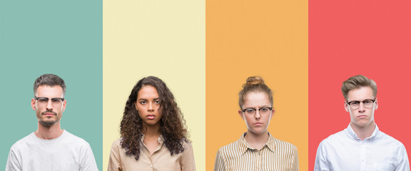 Canvas Print - Collage of a group of people isolated over colorful background skeptic and nervous, frowning upset because of problem. Negative person.