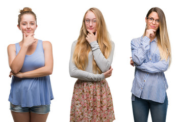 Canvas Print - Collage of group of blonde women over isolated background looking confident at the camera with smile with crossed arms and hand raised on chin. Thinking positive.