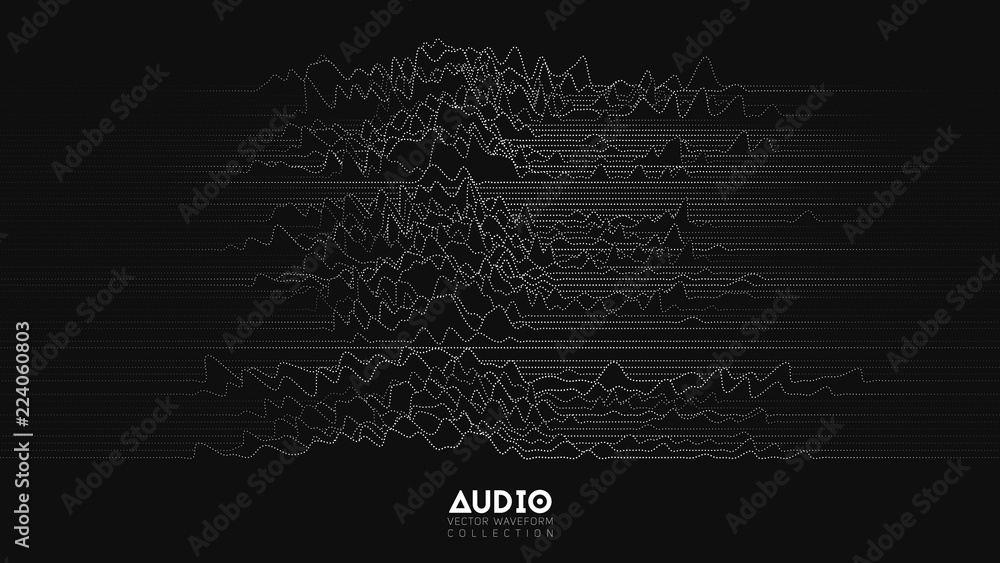 Vector 3d echo audio wavefrom spectrum. Abstract music waves oscillation graph. Futuristic sound wave visualization. Black and white dotted impulse pattern. Synthetic music technology sample. - obrazy, fototapety, plakaty 